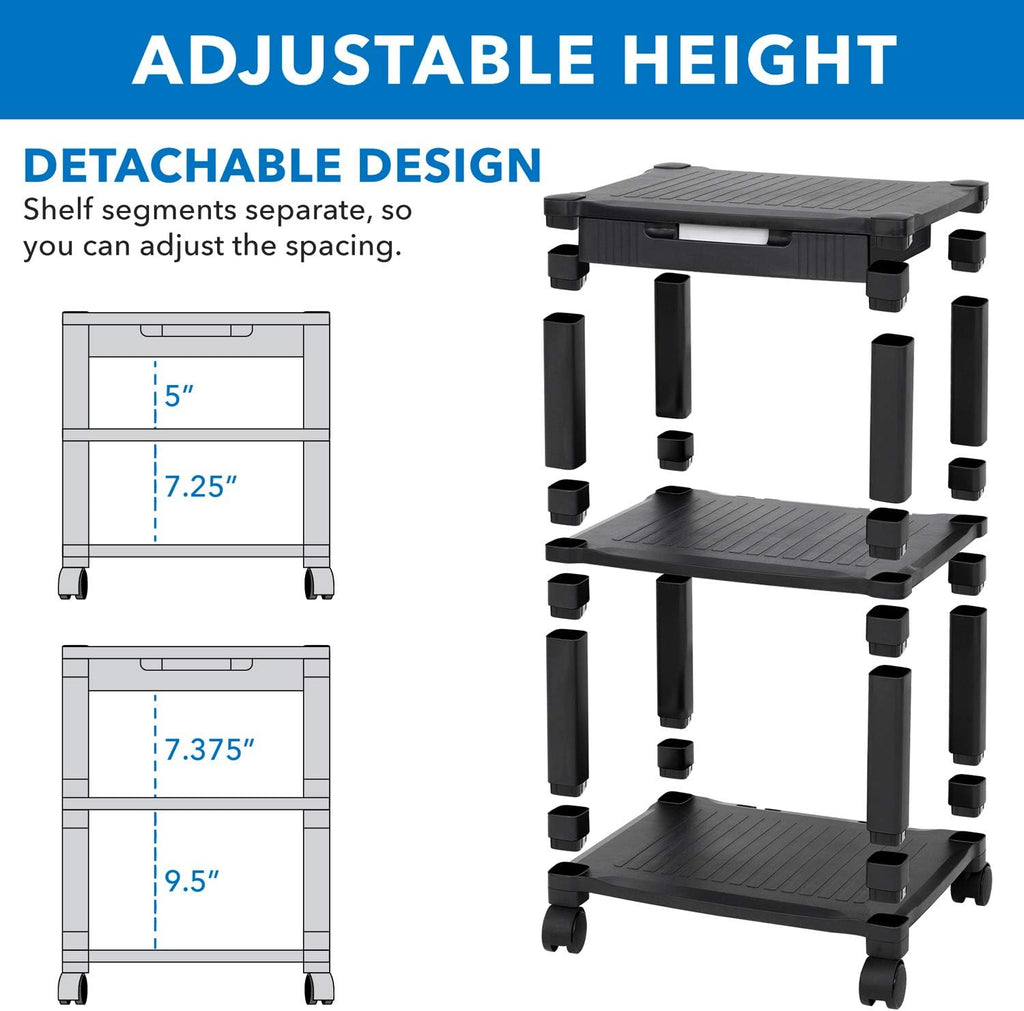 Black 3 Tier Rolling Printer Stand with Drawer D8452