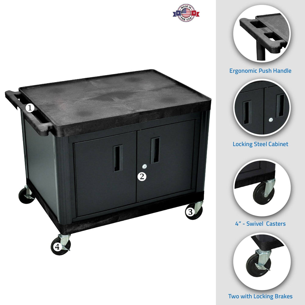 27x22H A-V Cart with Two Large Shelves and Cabinet K9012