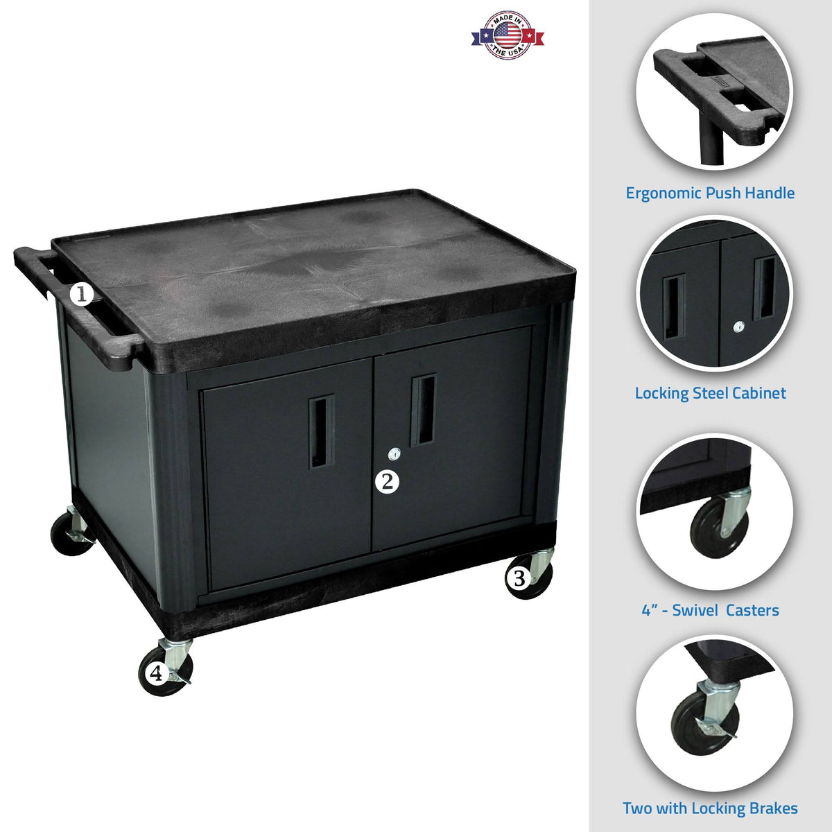 27x22H A-V Cart with Two Large Shelves and Cabinet K9012