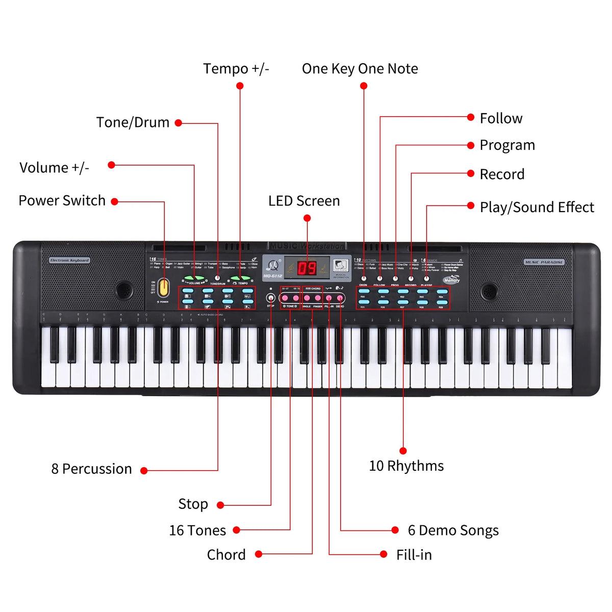61 Keys Electronic Piano Keyboard with Microphone W368708