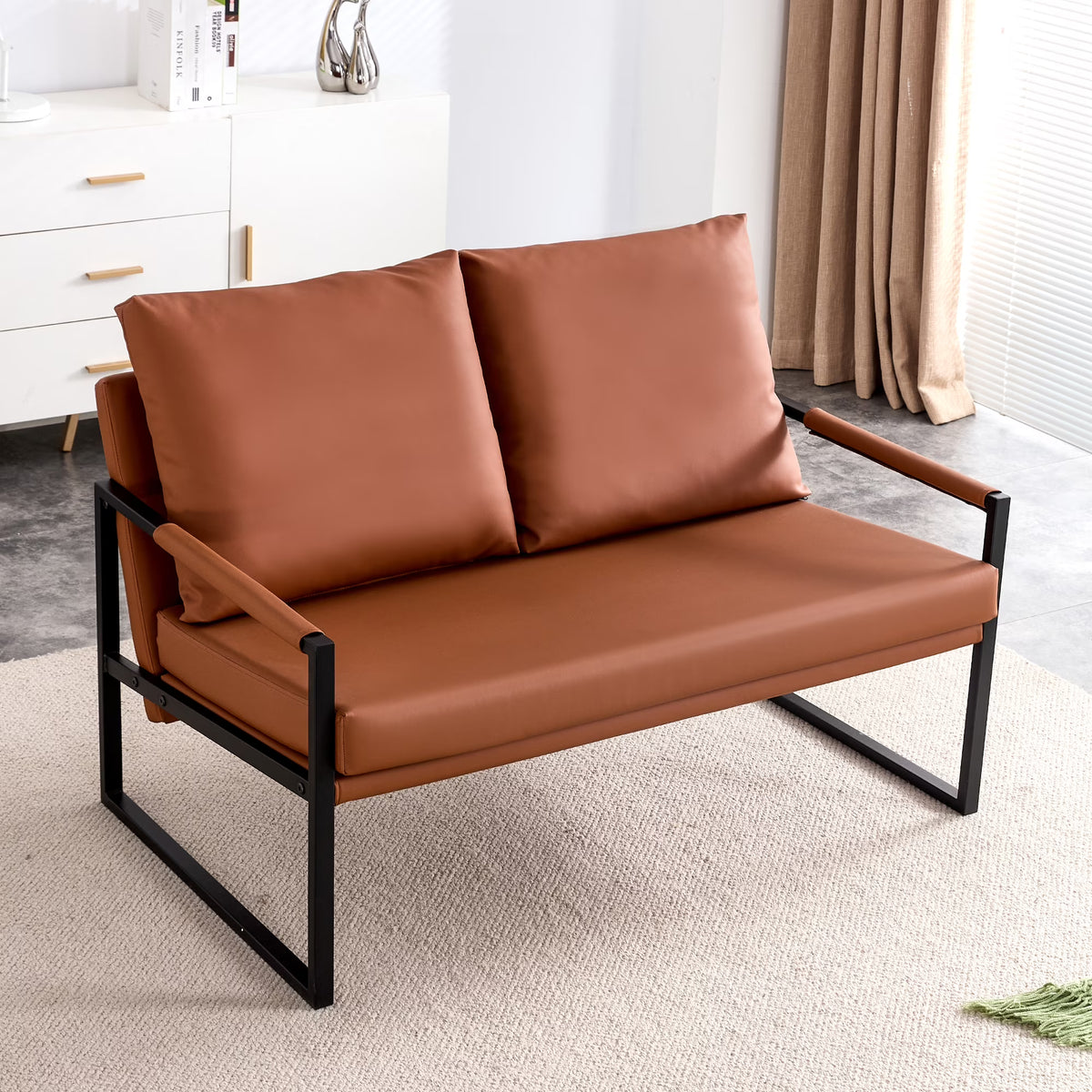 Brown PU Leather Two-Seater Sofa Chair with 2 Pillows D76740