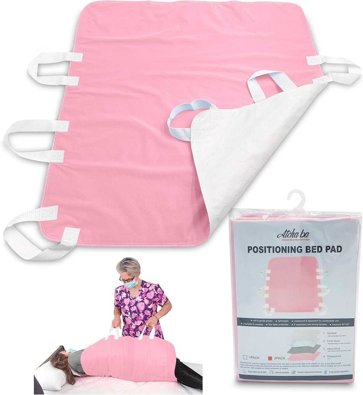 Waterproof Reusable Incontinence Bed Pad with 6 Handles, 34” x 36” (2-Pack Pink) M670538