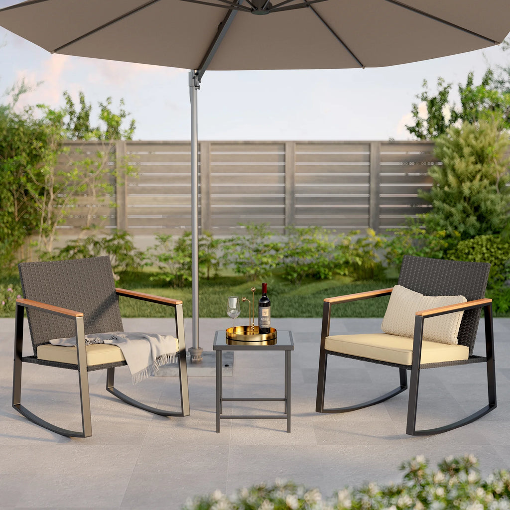Beige Rattan Wicker Patio Rocking Chair Set with Coffee Table N1682