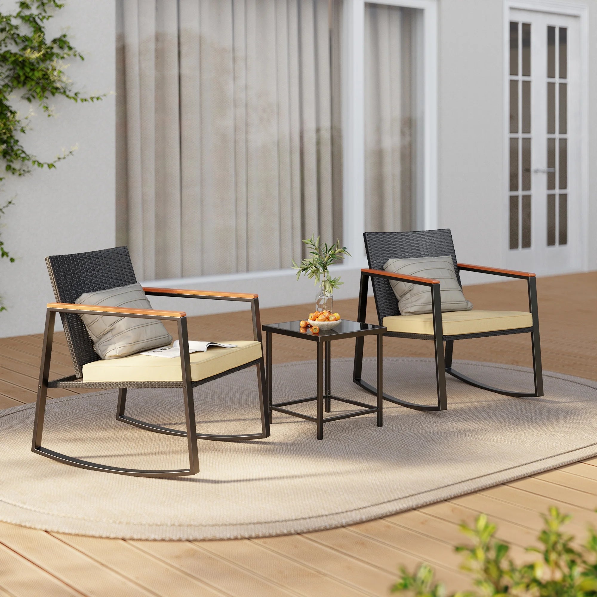 Beige Rattan Wicker Patio Rocking Chair Set with Coffee Table N1682