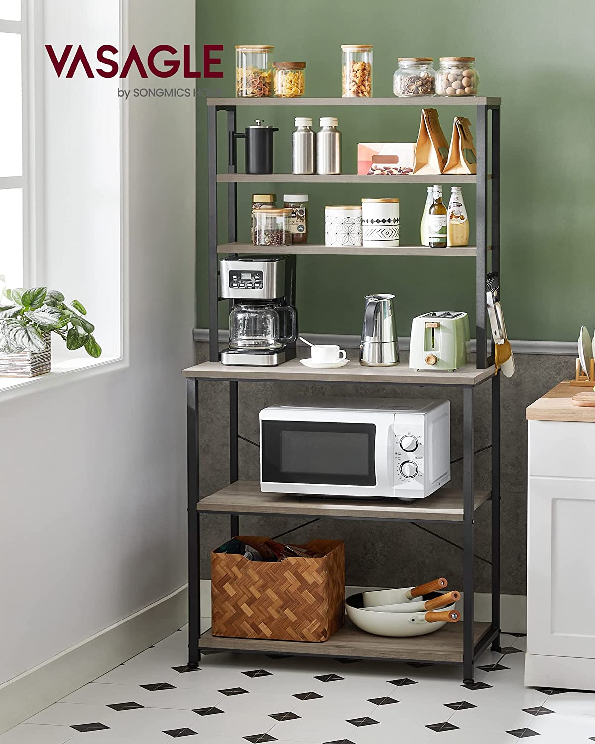 Coffee Bar with Storage, 6-Tier Kitchen Shelves with 6 Hooks, Greige and Black S276