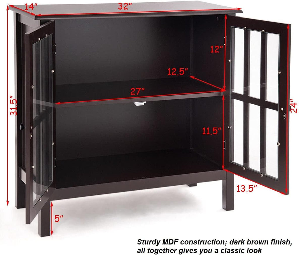 Dark Brown Storage Cabinet Organizer Buffet Server Sideboard Console Bedside Table 2 Tempered Glass Door 2 Storage Shelves O7760