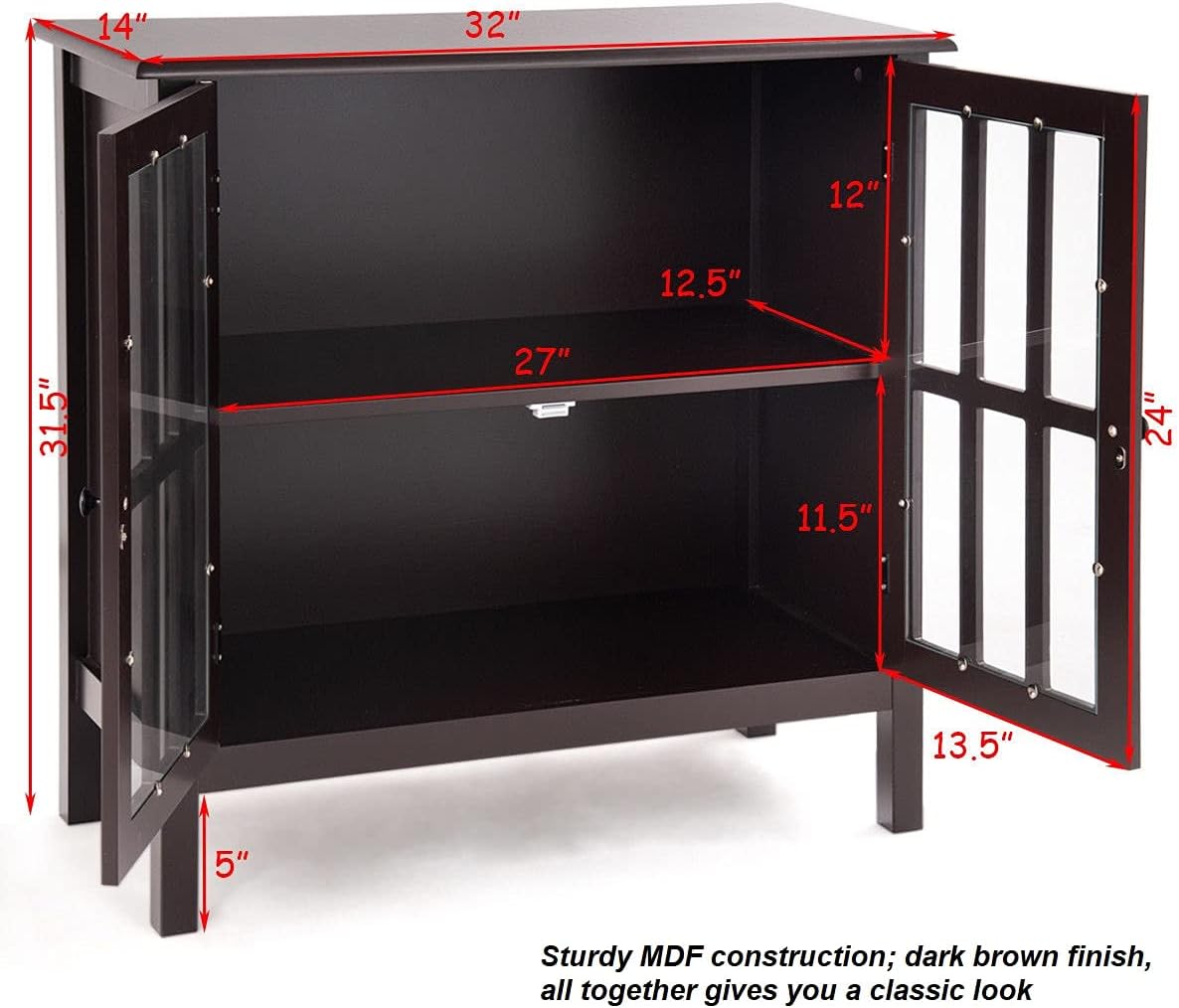 Dark Brown Storage Cabinet Organizer Buffet Server Sideboard Console Bedside Table 2 Tempered Glass Door 2 Storage Shelves O7760