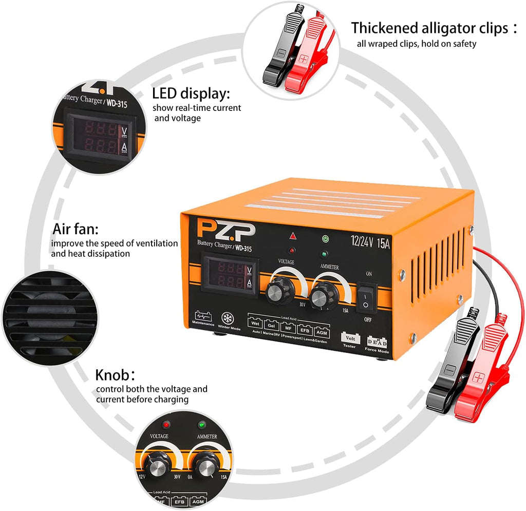 24v/12v 15-Amp Automotive Car Battery Fast Trickle Charger and Maintainer H9957