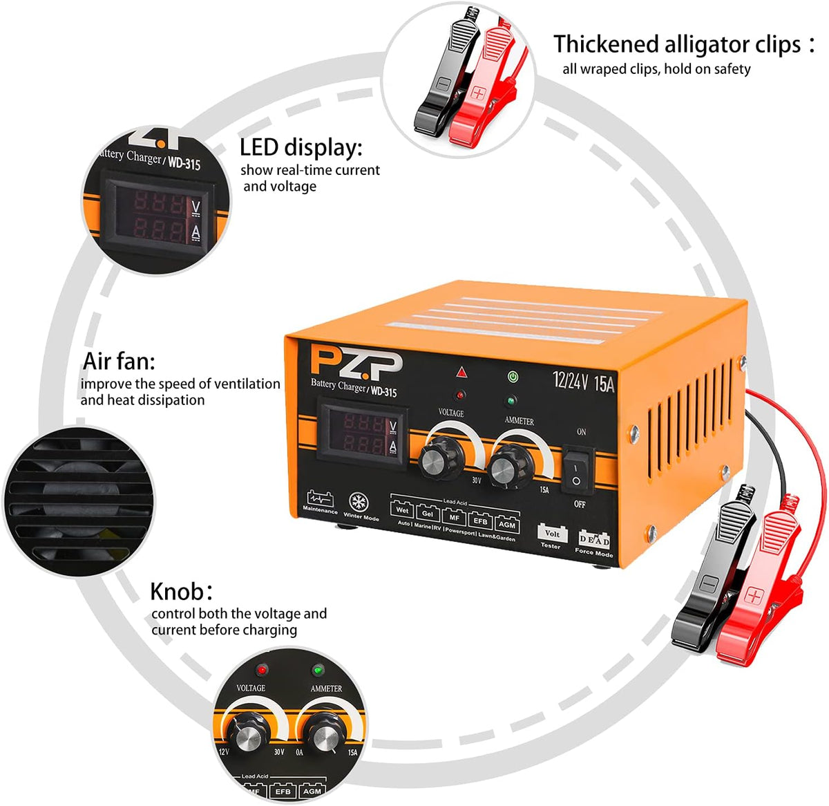 24v/12v 15-Amp Automotive Car Battery Fast Trickle Charger and Maintainer H9957