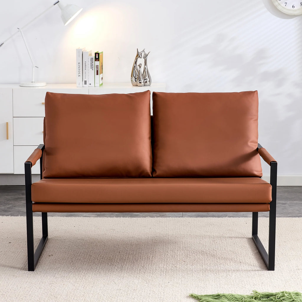 Brown PU Leather Two-Seater Sofa Chair with 2 Pillows D76740
