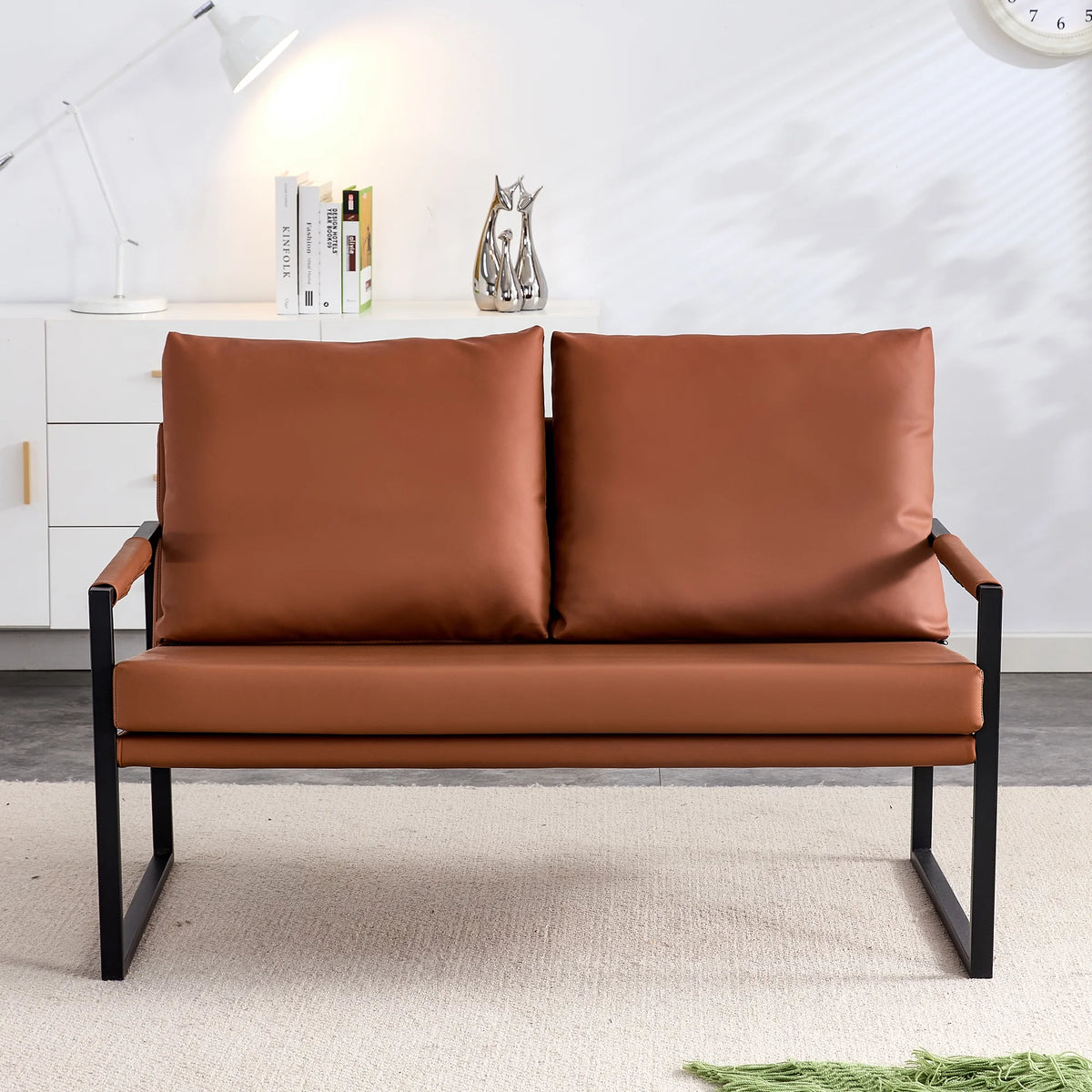 Brown PU Leather Two-Seater Sofa Chair with 2 Pillows D76740