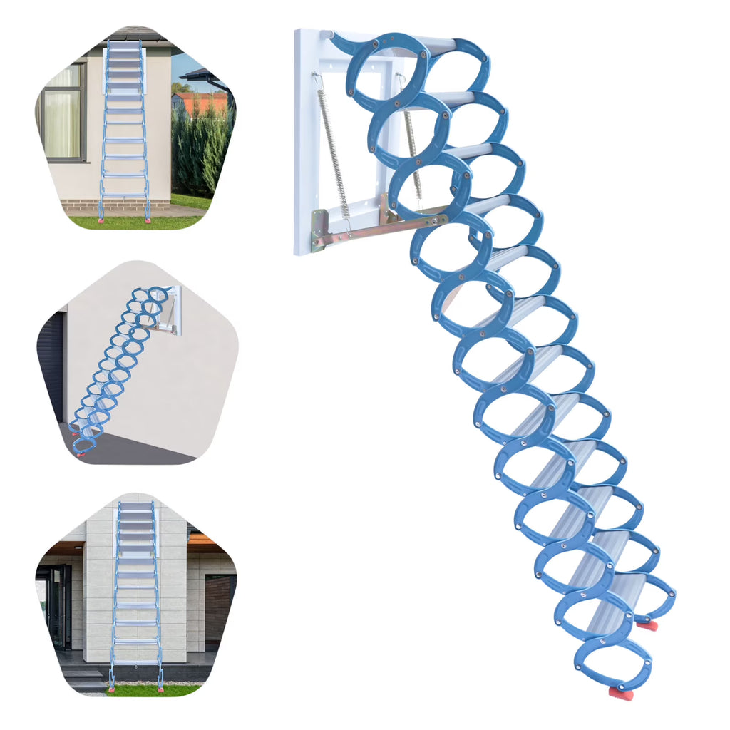 Telescopic Pulldown Attic Ladder with Armrests, 12-Steps Wall-Mounted Retractable Folding Stairs V48436