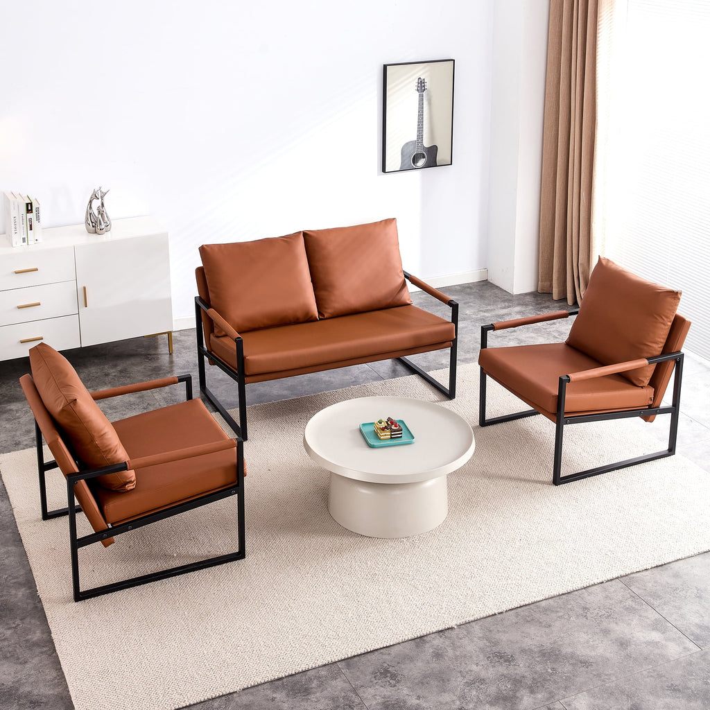 Brown PU Leather Two-Seater Sofa Chair with 2 Pillows D76740
