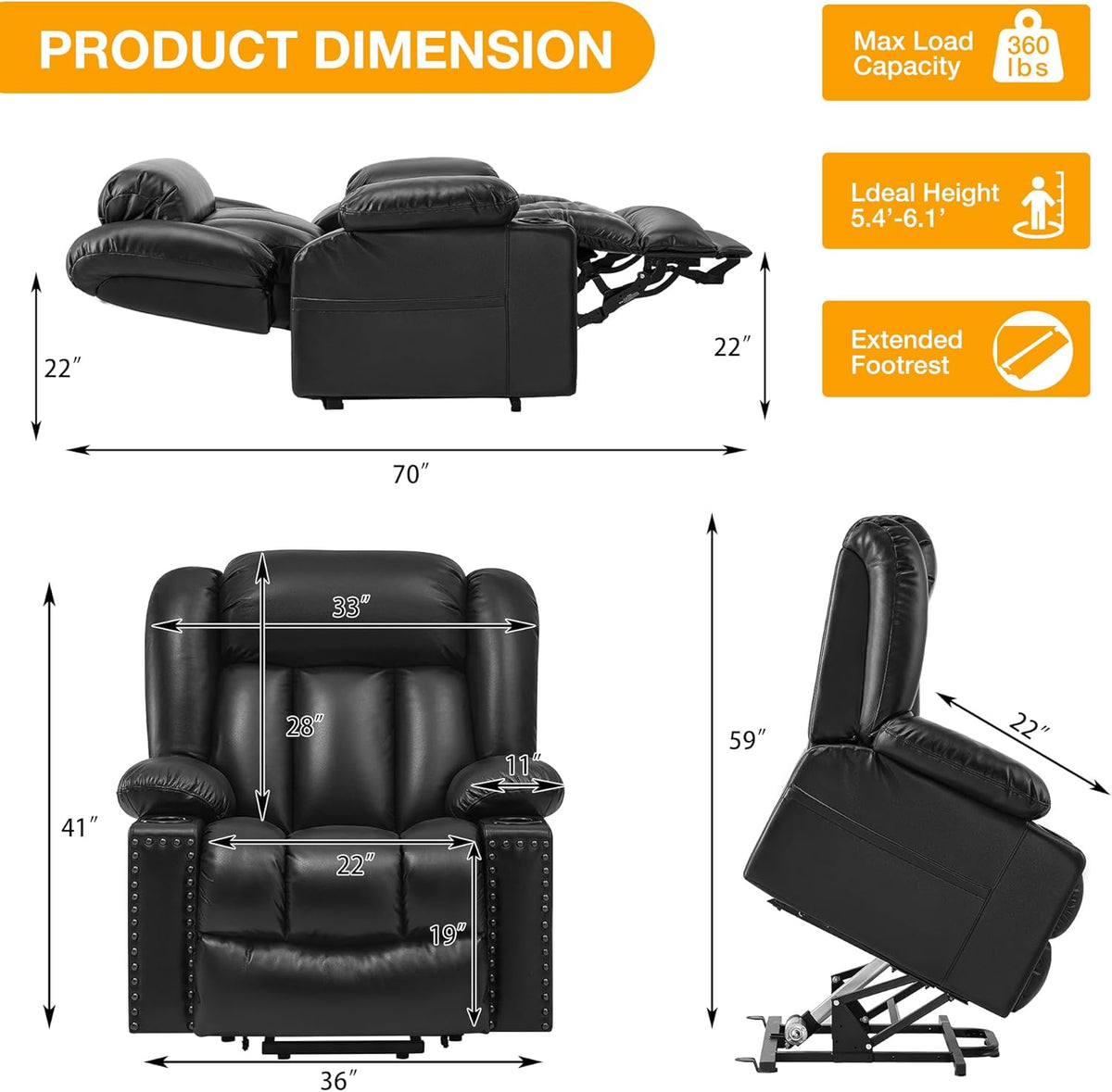 Black Large Power Lift Recliner Chair with Heat and Massage A25485