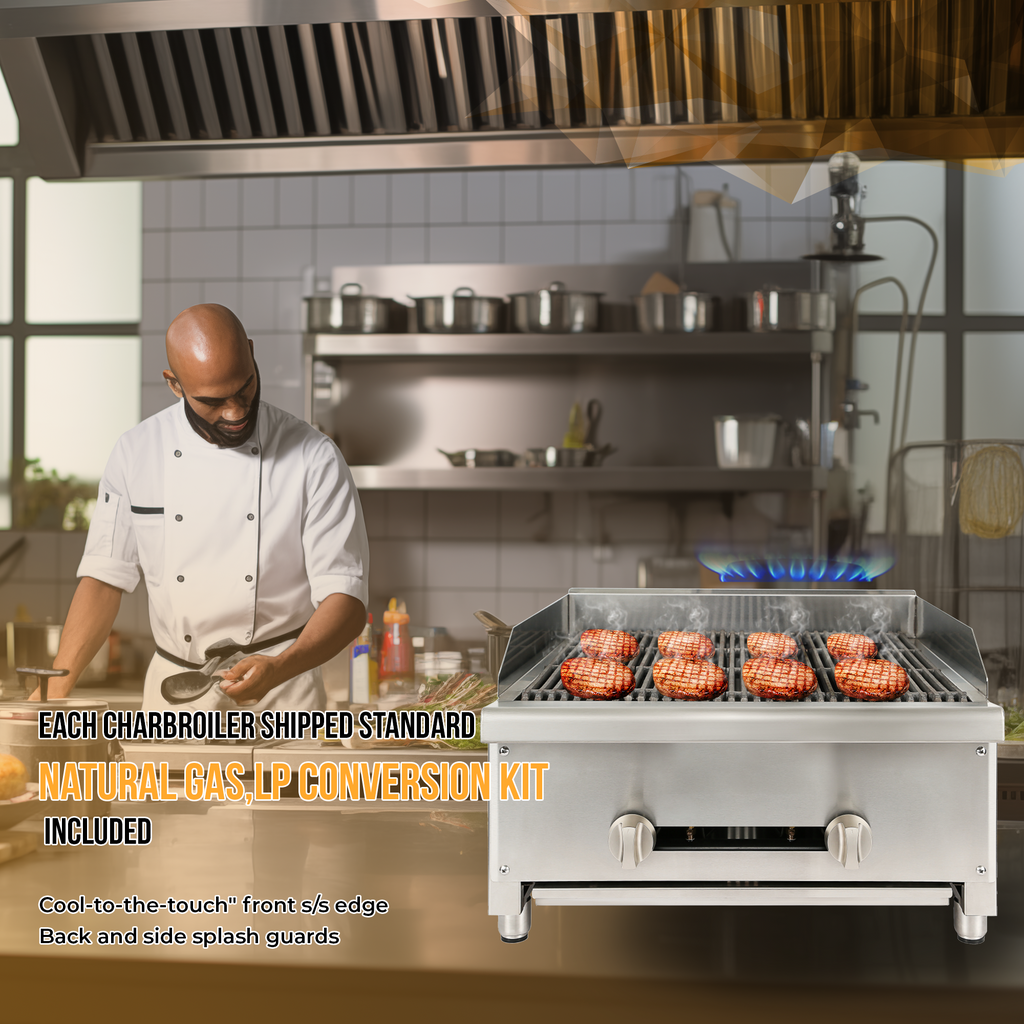 24" Commercial Natural Gas Lava Rock Charbroiler 2 Burners 56,000 BTU Stainless Steel Radiant Broiler N32462