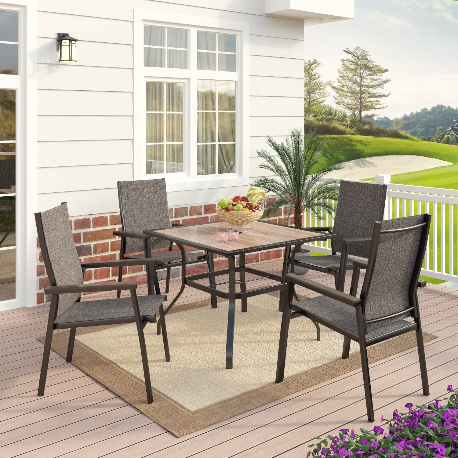 5-Piece Outdoor Patio Dining Set with 4 Aluminum Armchairs and 1 Dining Table, Black & Gray C3267