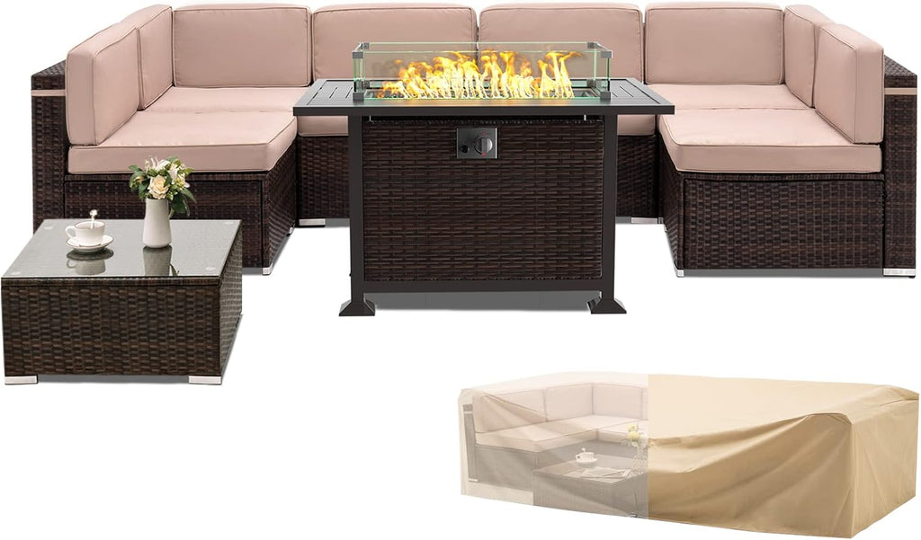 8 Piece Rattan Patio Furniture Set with Gas Fire Pit Table, Sofa Sectional, Coffee Table, 2 Waterproof Covers N117234