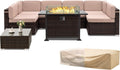 8 Piece Rattan Patio Furniture Set with Gas Fire Pit Table, Sofa Sectional, Coffee Table, 2 Waterproof Covers N117234