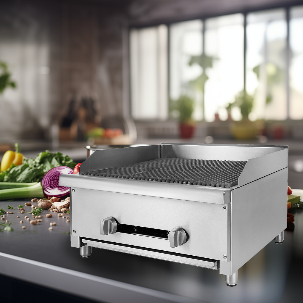 24" Commercial Natural Gas Lava Rock Charbroiler 2 Burners 56,000 BTU Stainless Steel Radiant Broiler N32462