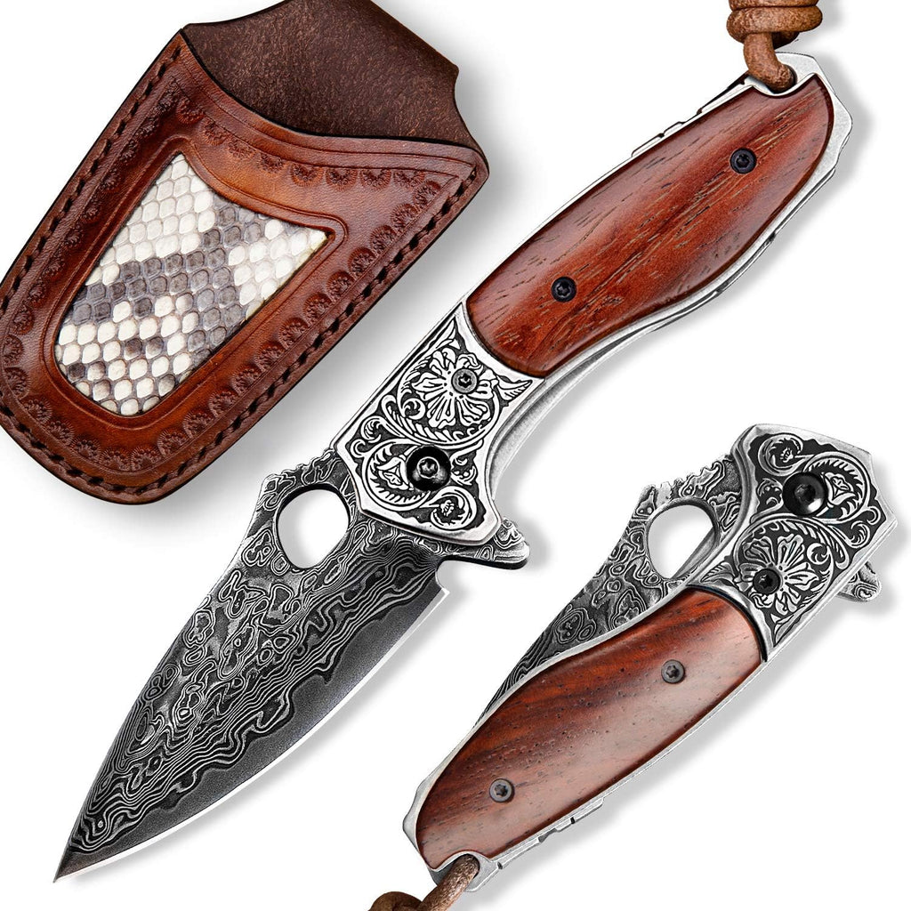 2.5in VG10 Damascus Steel Folding Pocket Knife with Rosewood Handle O14872