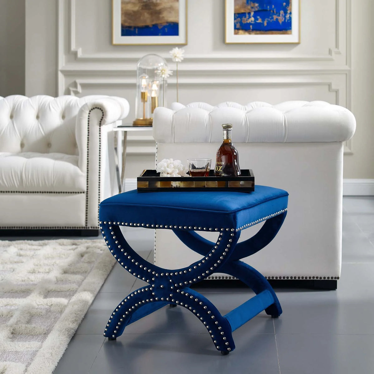 Navy Blue Velvet Accent Chair and Ottoman P5317