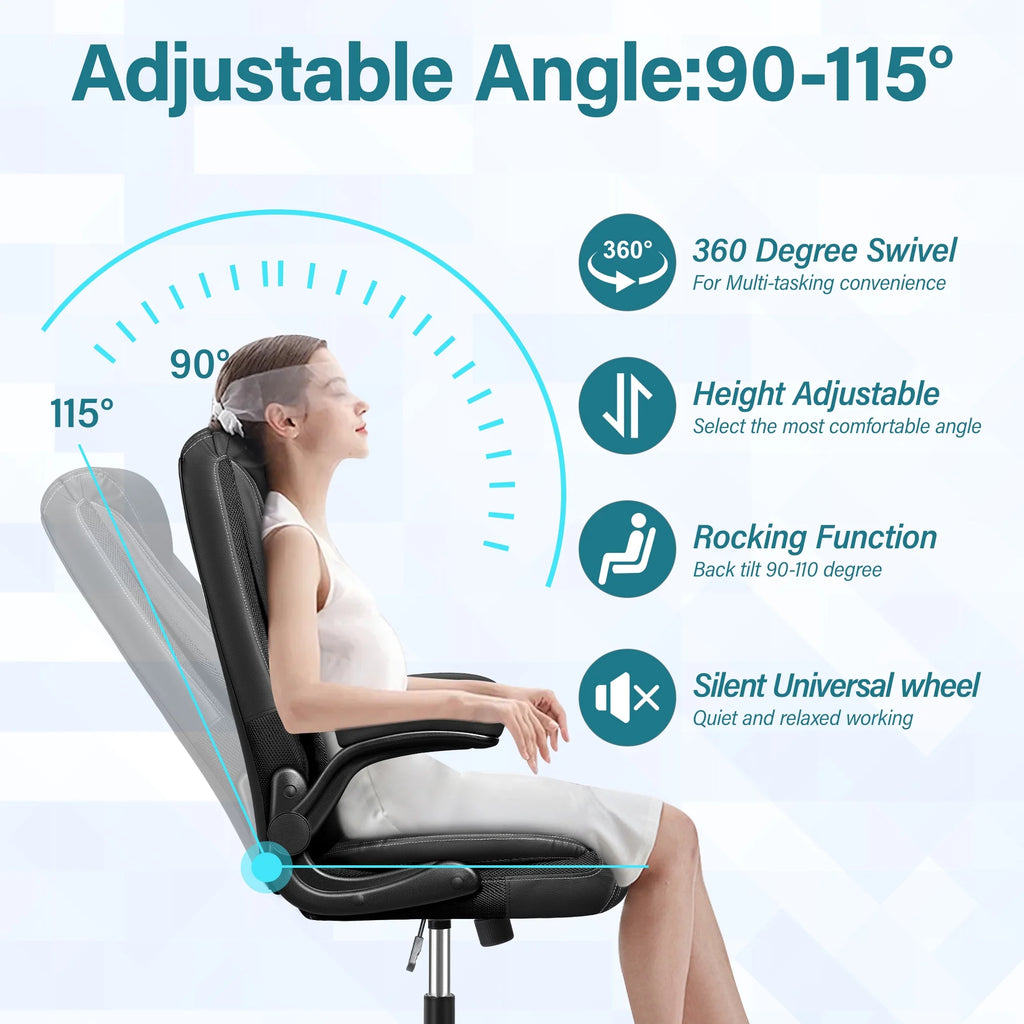 Black Leather Ergonomic Executive Office Chair with Adjustable Flip-Up Arms V195