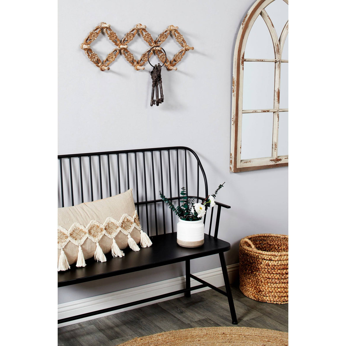 Large Natural Wood Wall Hook Accordion Rack with 10 Wood Pegs V85916