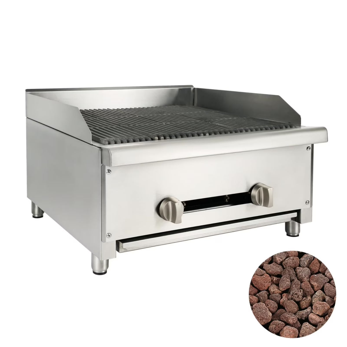 24" Commercial Natural Gas Lava Rock Charbroiler 2 Burners 56,000 BTU Stainless Steel Radiant Broiler N32462