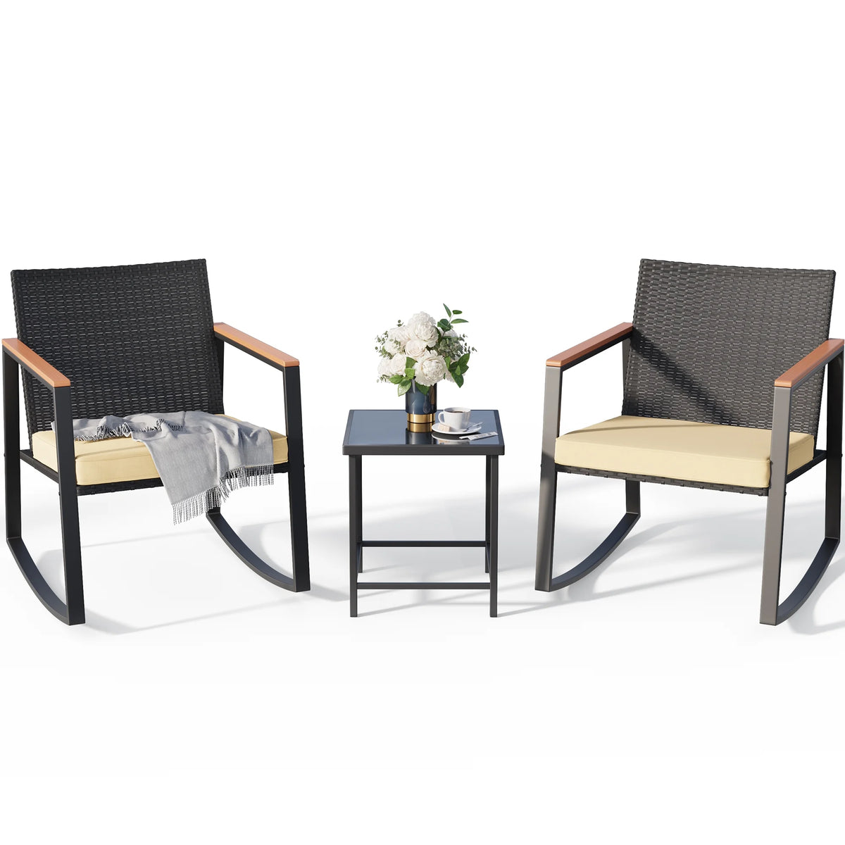 Beige Rattan Wicker Patio Rocking Chair Set with Coffee Table N1682