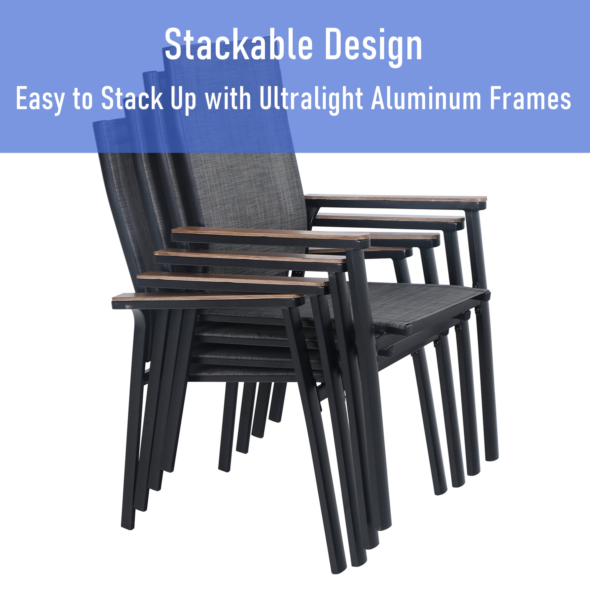 5-Piece Outdoor Patio Dining Set with 4 Aluminum Armchairs and 1 Dining Table, Black & Gray C3267