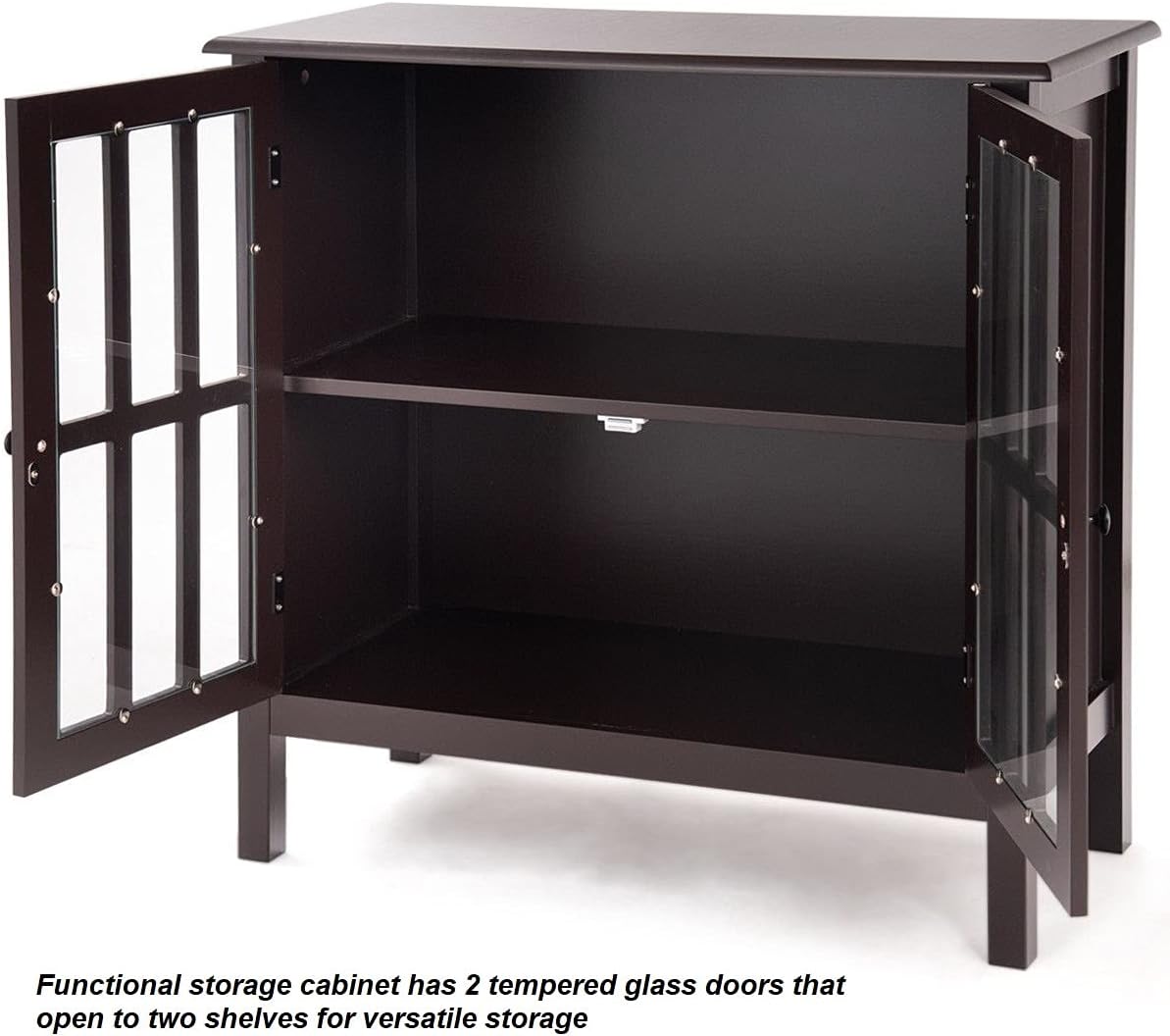Dark Brown Storage Cabinet Organizer Buffet Server Sideboard Console Bedside Table 2 Tempered Glass Door 2 Storage Shelves O7760