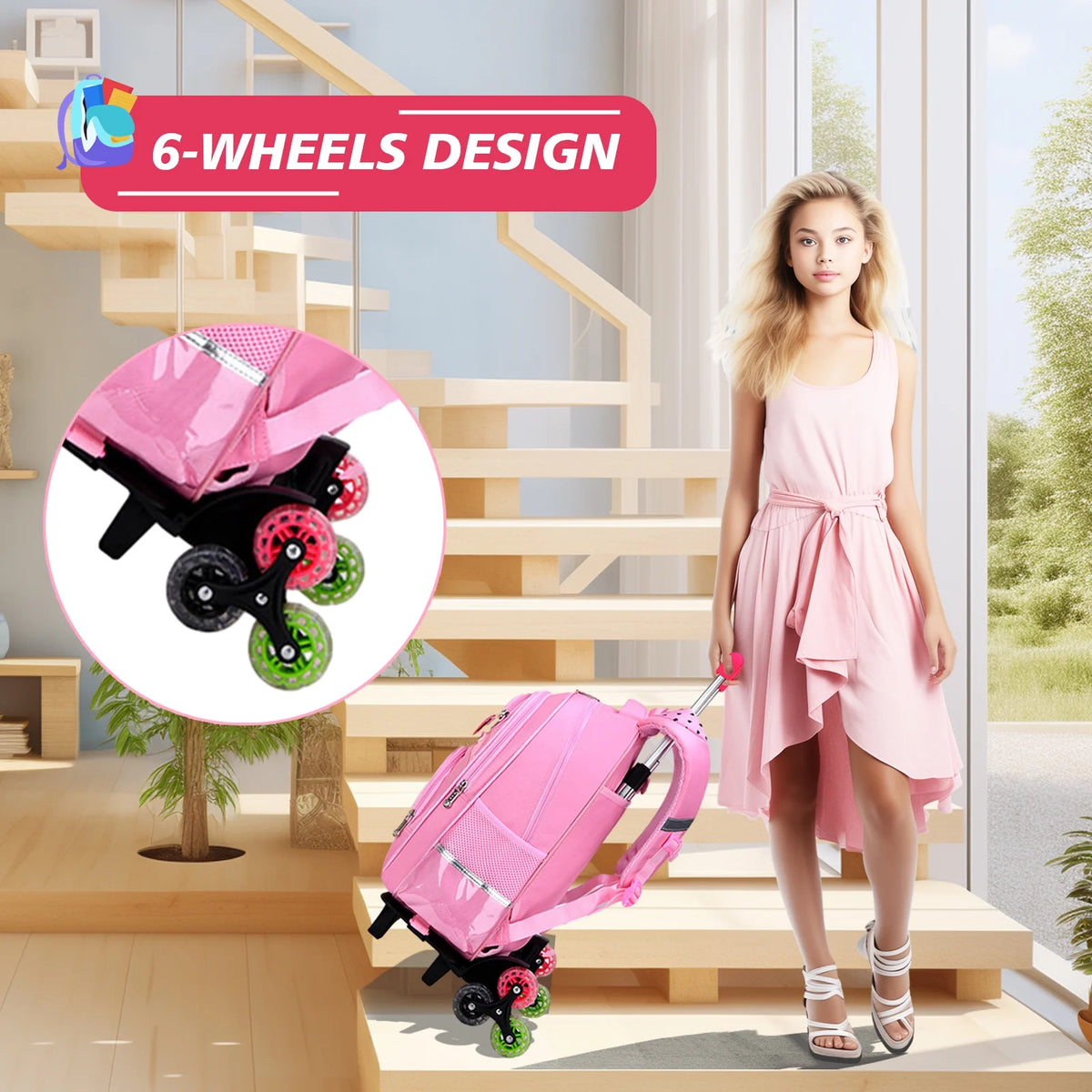 Pink Kids Rolling Backpack with Cartoon Cat S855715