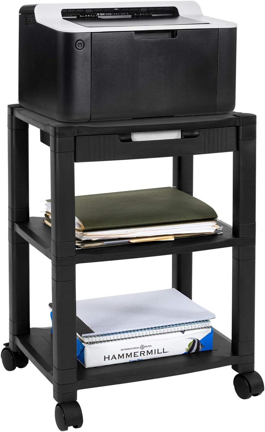 Black 3 Tier Rolling Printer Stand with Drawer D8452