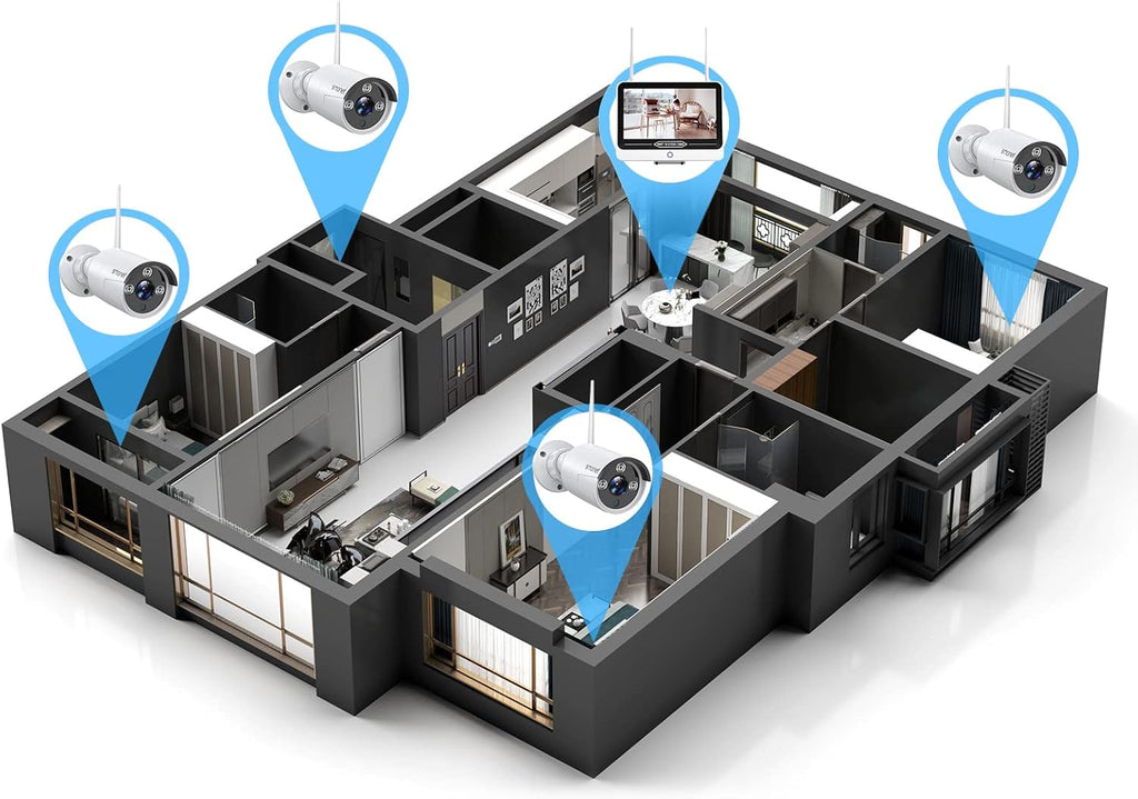 3MP Wireless Security Camera System with 12" Monitor, 8CH NVR Kit, 4Pcs Outdoor Indoor IP Cameras H237416