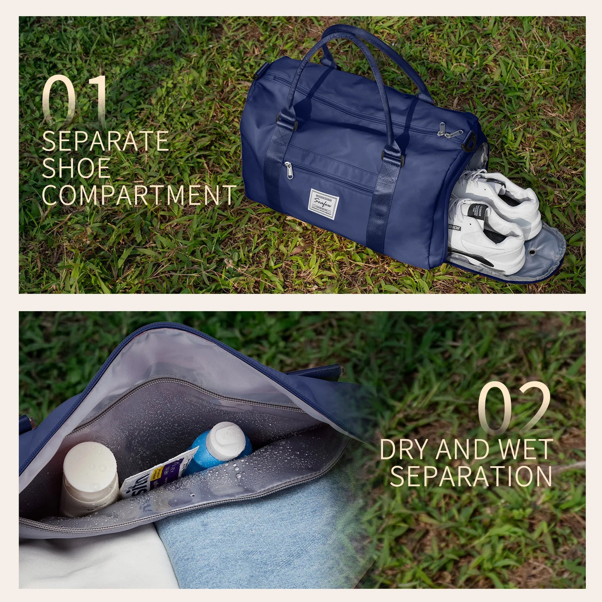Waterproof Travel Duffel Bag with Shoes Compartment and Wet Pocket H7178