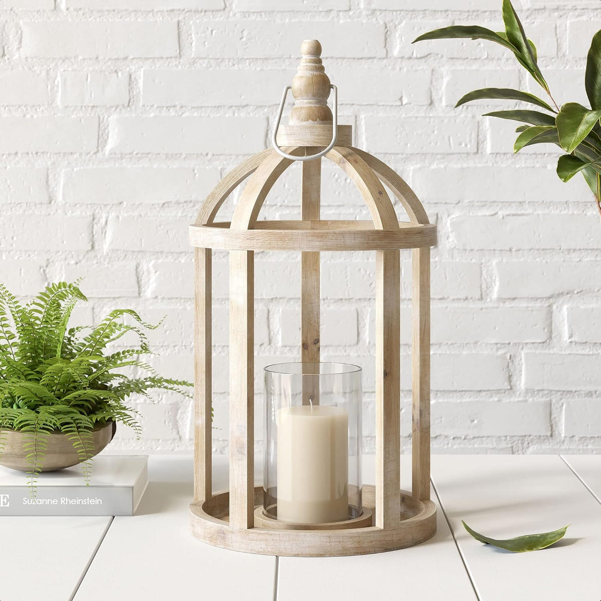 Large Whitewash Wooden Lantern Candle Holder A7042
