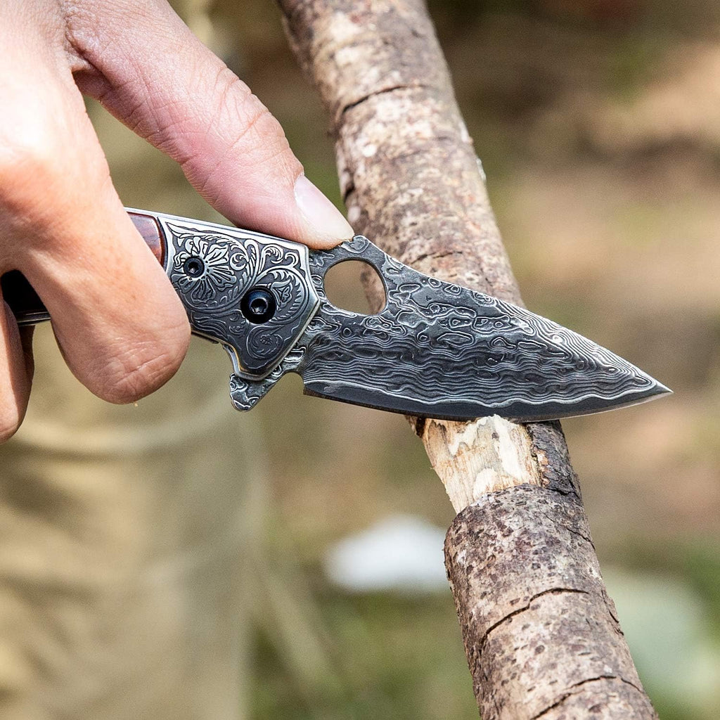 2.5in VG10 Damascus Steel Folding Pocket Knife with Rosewood Handle O14872
