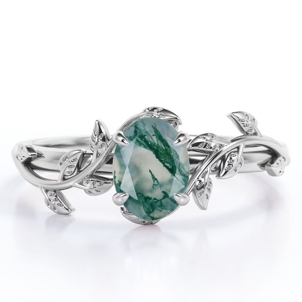 1.3 Carat Oval Shape Milky White Moss Green Agate Engagement Ring X82967