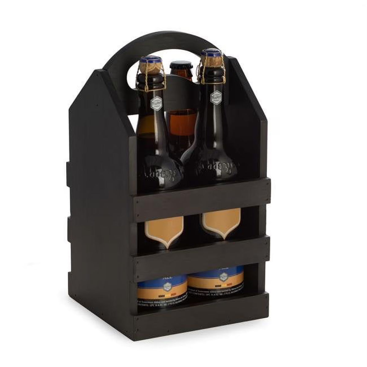 Black Solid Wood Four Bottle Caddy with Built in Handle K761