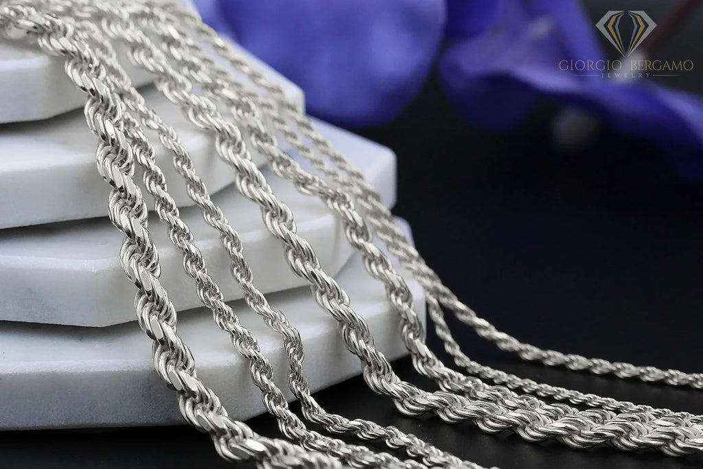 925 Italian Sterling Silver 2mm Solid Rope Diamond Cut Chain Necklace R145752