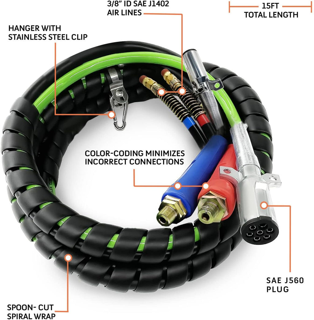 3-in-1 Air Line Hose and ABS 7 Way Electrical Assemblies for Truck (12 foot) K2636