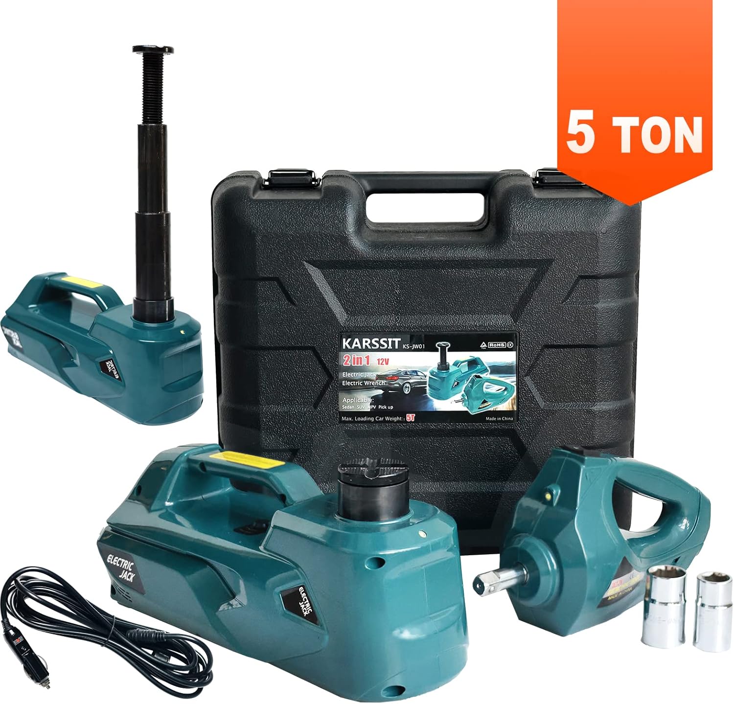 Electric Car Jack 5 ton 12V Hydraulic with Impact Wrench Portable 2 in 1 kit T298
