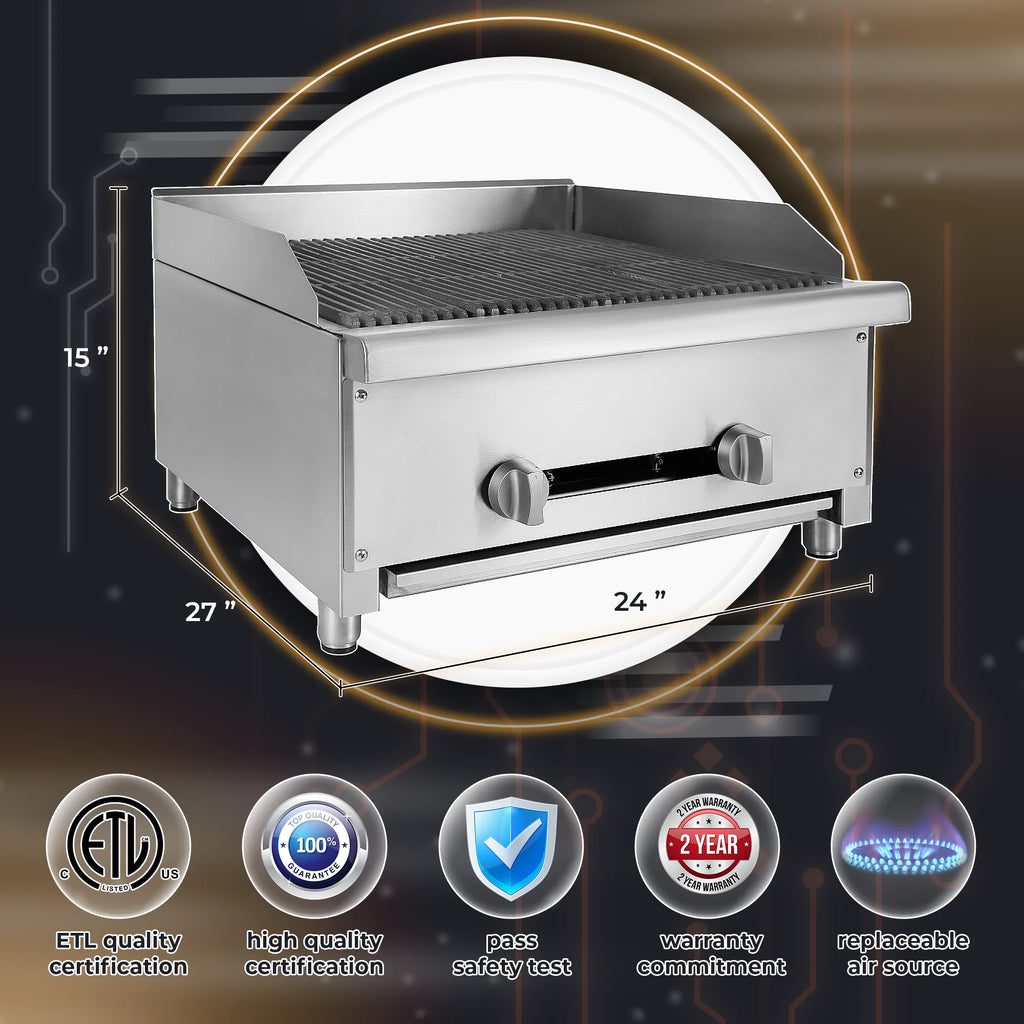 24" Commercial Natural Gas Lava Rock Charbroiler 2 Burners 56,000 BTU Stainless Steel Radiant Broiler N32462