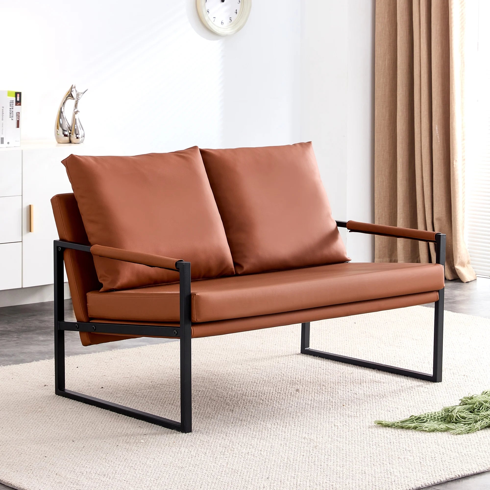 Brown PU Leather Two-Seater Sofa Chair with 2 Pillows D76740