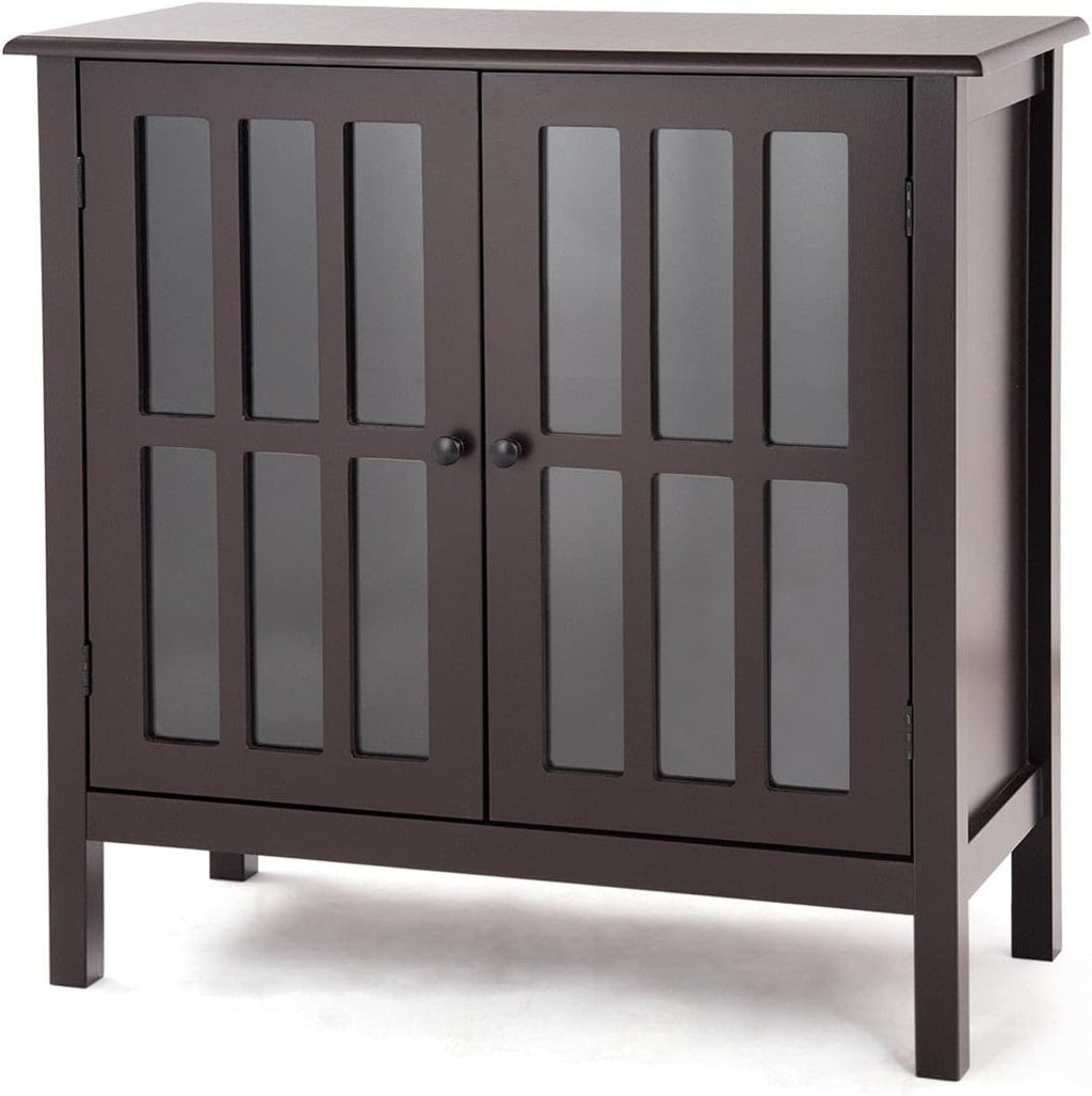 Dark Brown Storage Cabinet Organizer Buffet Server Sideboard Console Bedside Table 2 Tempered Glass Door 2 Storage Shelves O7760