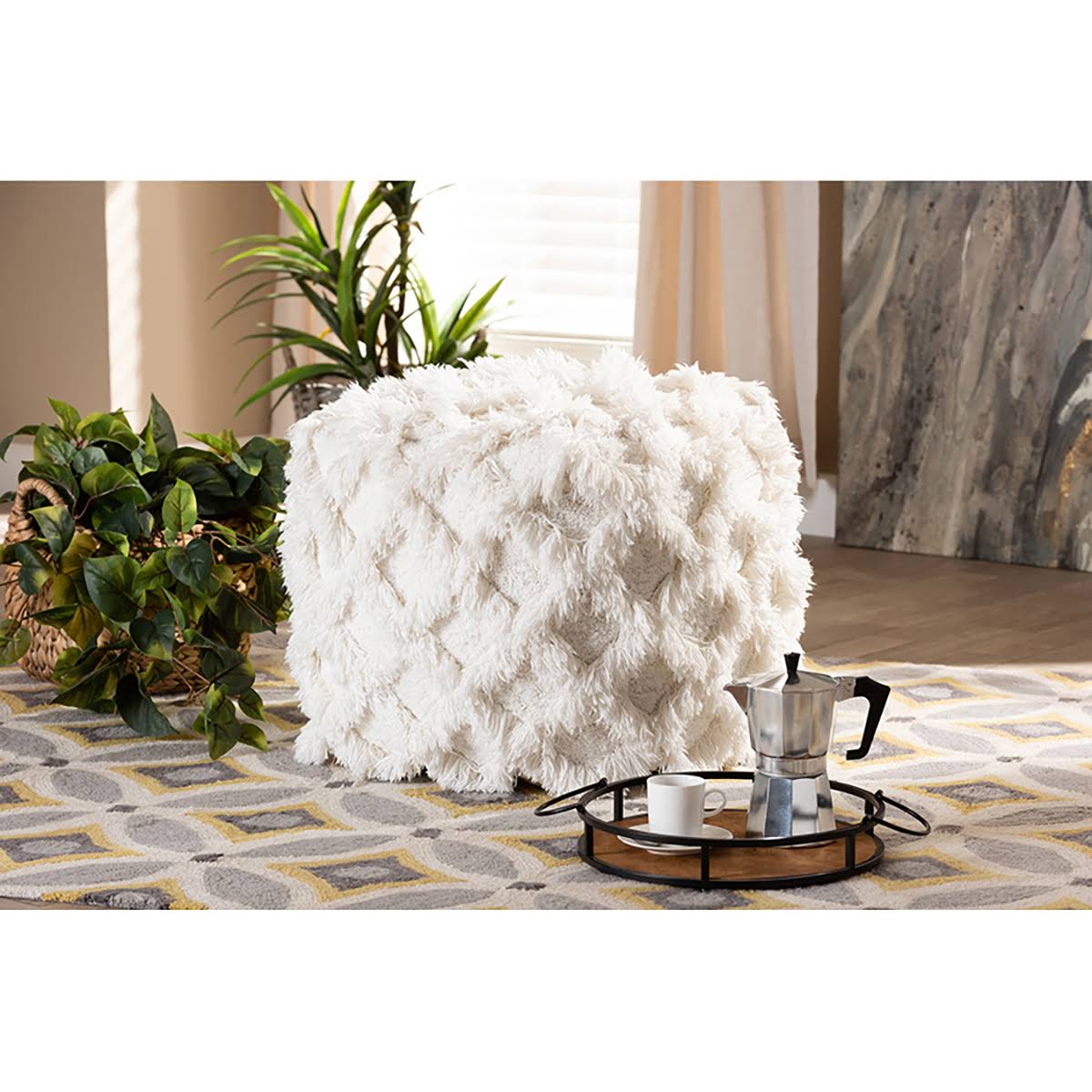 Ivory Handwoven Cotton Fringe Pouf Ottoman S5558