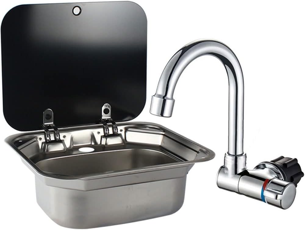 Stainless Steel Hand Wash Basin Sink with Folded Faucet Tempered Glass Lid X4708