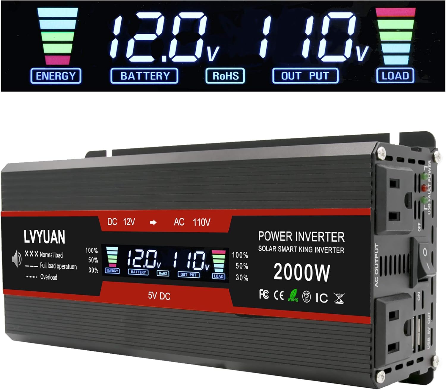 1000W/2000W Peak Car Power Inverter DC 12V to 110V AC Converter with LCD Display Dual AC Outlets Dual USB, Pack of 2 O337343