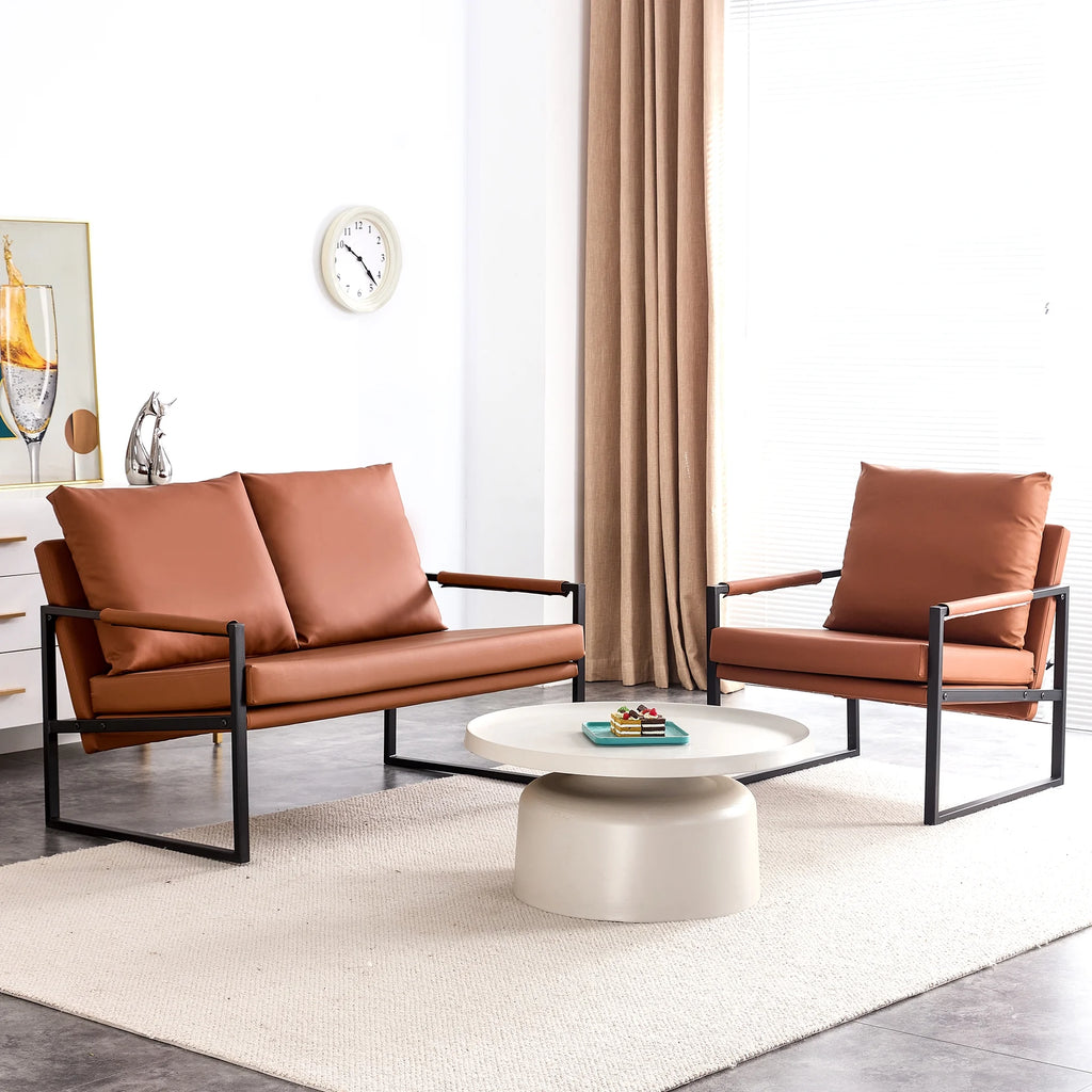 Brown PU Leather Two-Seater Sofa Chair with 2 Pillows D76740