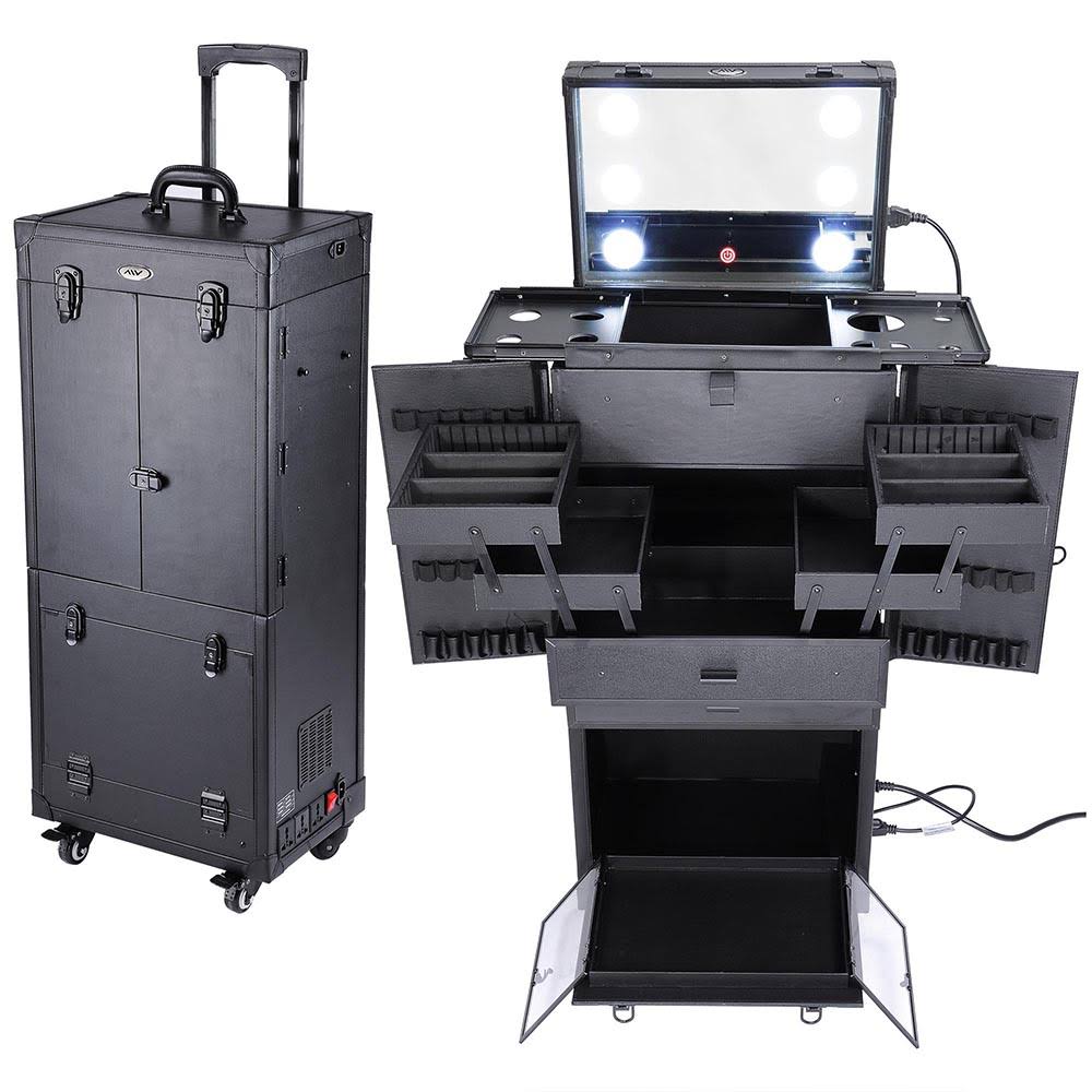 Black Rolling Makeup Case Lighted Lockable K5810